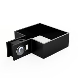 Jednostronna, czarna obejma montażowa do ogrodzeń panelowych z metalową śrubą, dostępna w Arwex Hurtowni akcesoriów do ogrodzeń.