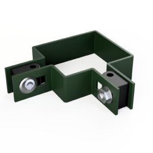 Zielona obejma narożna z dwoma śrubami do montażu paneli ogrodzeniowych, produkt z oferty Arwex Hurtownia.