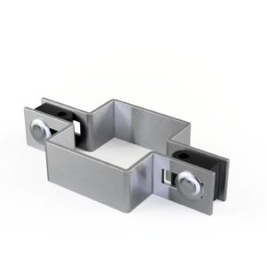 Srebrna, ocynkowana obejma montażowa z dwoma śrubami do paneli ogrodzeniowych, dostępna w hurtowni Arwex.