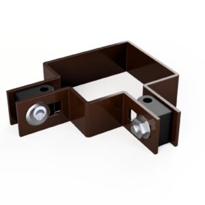 Brązowa obejma narożna z dwoma śrubami do montażu paneli ogrodzeniowych, solidny element montażowy z oferty Arwex Hurtownia.