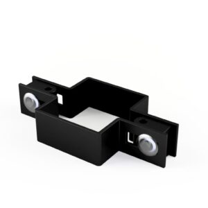 Czarna obejma montażowa do ogrodzeń panelowych z metalowymi śrubami, dostępna w ofercie Arwex Hurtowni akcesoriów do ogrodzeń.