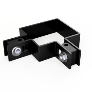 Czarna obejma narożna do ogrodzeń panelowych z metalowymi śrubami, dostępna w Arwex Hurtowni akcesoriów do ogrodzeń.