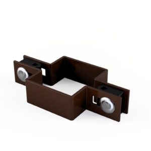 Brązowa obejma montażowa z dwoma śrubami do paneli ogrodzeniowych, solidny element mocujący z oferty Arwex Hurtownia.