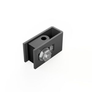 Czarny uchwyt końcowy z metalową śrubą do montażu paneli ogrodzeniowych, element montażowy z oferty Arwex Hurtownia.