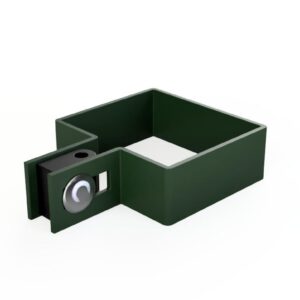 Zielona jednostronna obejma montażowa do ogrodzeń panelowych z metalową śrubą, dostępna w Arwex Hurtowni akcesoriów do ogrodzeń.