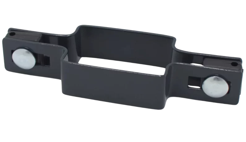 Czarna obejma montażowa z dwoma śrubami do paneli ogrodzeniowych – akcesorium montażowe Arwex.